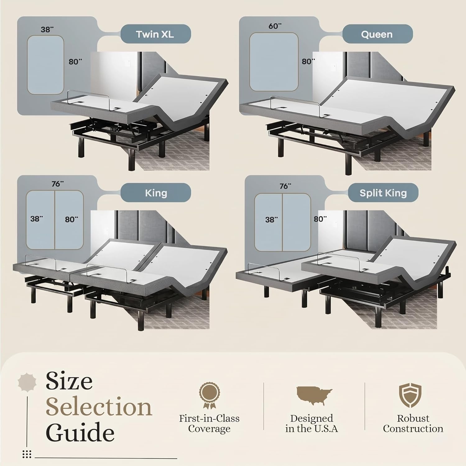 Classic Adjustable Bed Base, Head and Foot Lift, Massage, Under-Bed Lights, USB, Memory, Zero Gravity Smart Frame - King