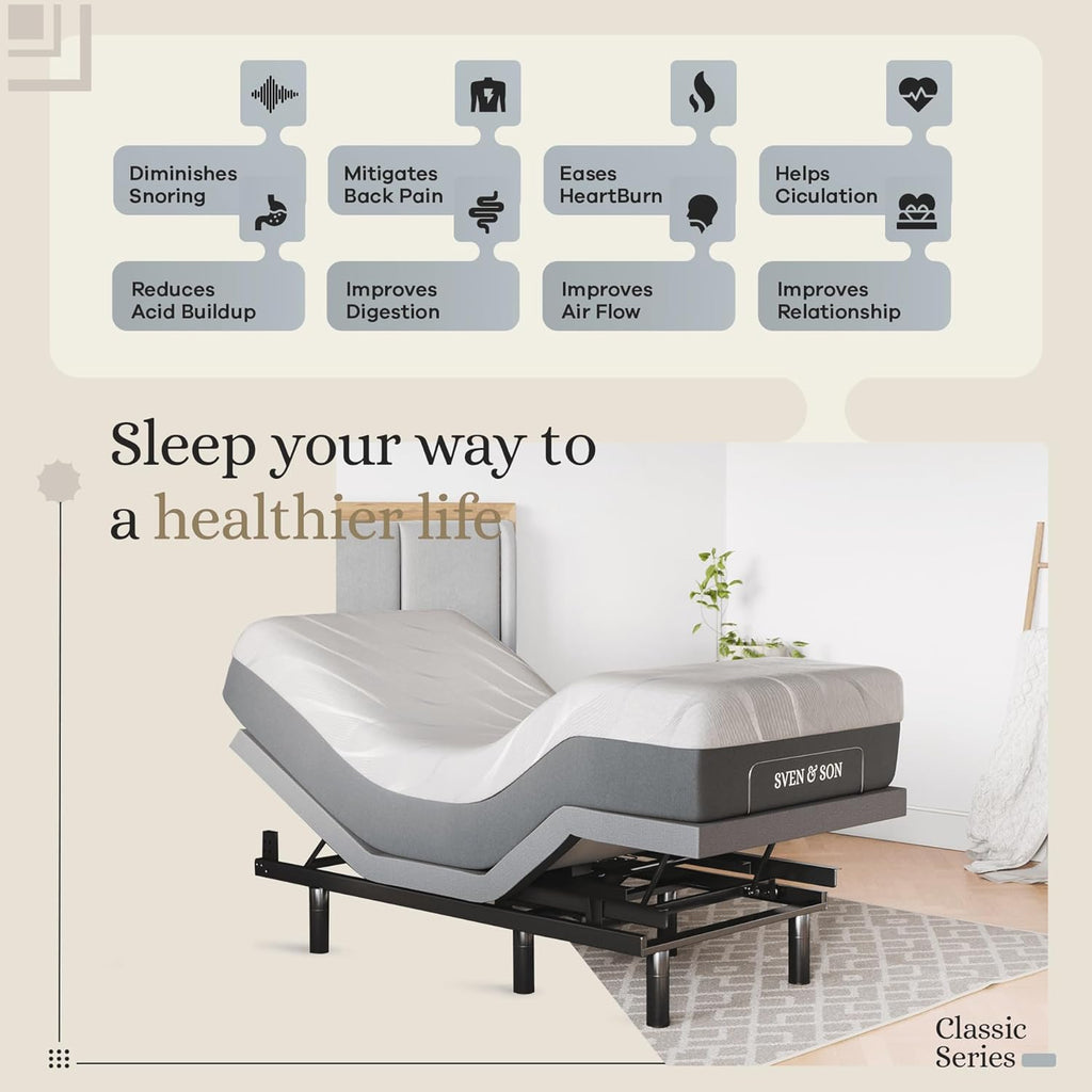 Classic Adjustable Bed Base, Head and Foot Lift, Massage, Under-Bed Lights, USB, Gel Memory, Zero Gravity Smart Frame - Twin XL + 14 Inch Hybrid Spring Matt (Medium Soft)