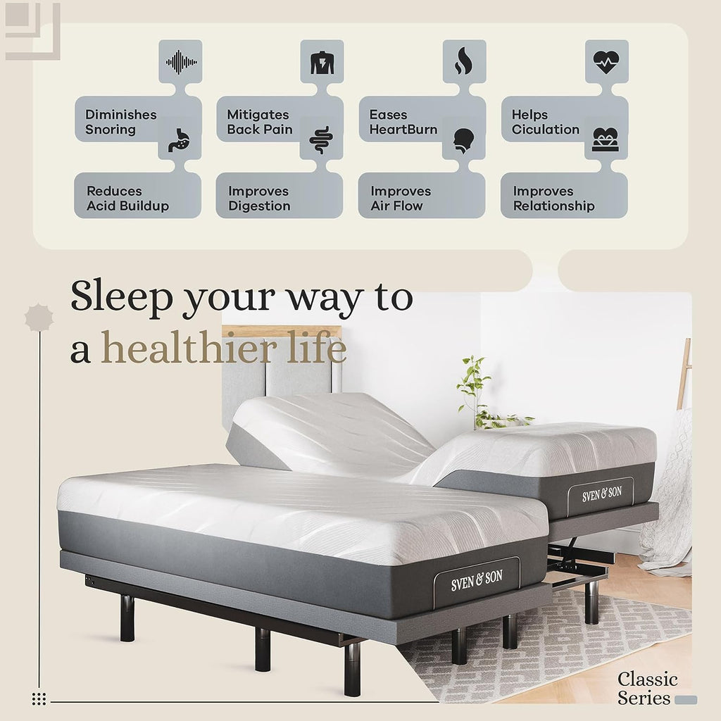Classic Adjustable Bed Base, Head and Foot Lift, Massage, Under-Bed Lights, USB, Gel Memory, Zero Gravity Smart Frame - Split King + 14 Inch Hybrid Spring Matt (Medium Soft)