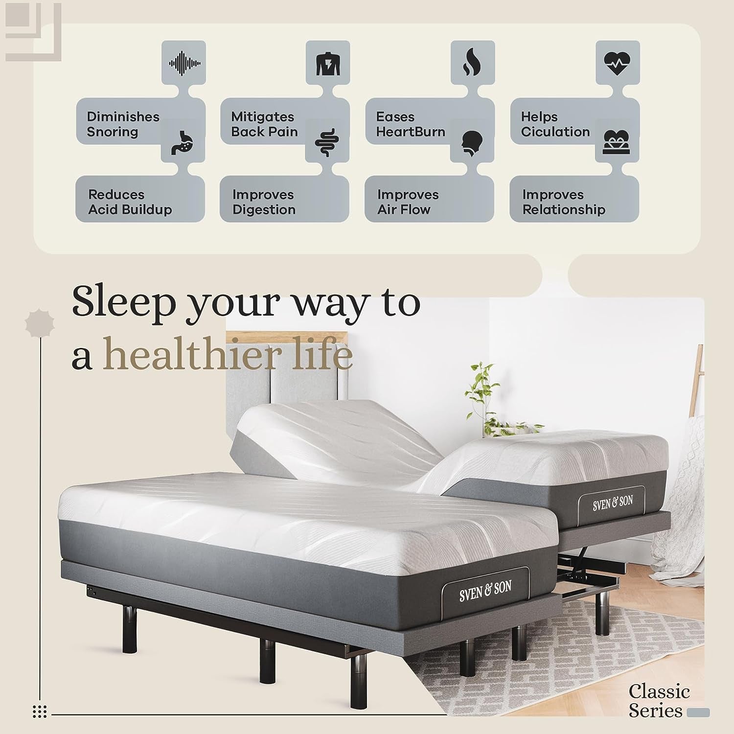 Classic Adjustable Bed Base, Head and Foot Lift, Massage, Under-Bed Lights, USB, Gel Memory, Zero Gravity Smart Frame - Split King + 14 Inch Hybrid Spring Matt (Medium Soft)