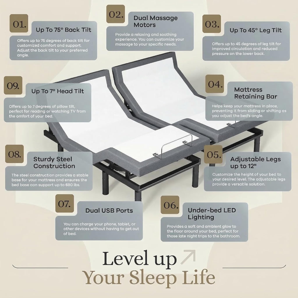 Harmony Adjustable Bed Base, Head and Foot Lift, Massage, Under-Bed Lights, USB, Gel Memory, Zero Gravity Smart Frame - King + 14 Inch Hybrid Spring Matt (Medium Soft)
