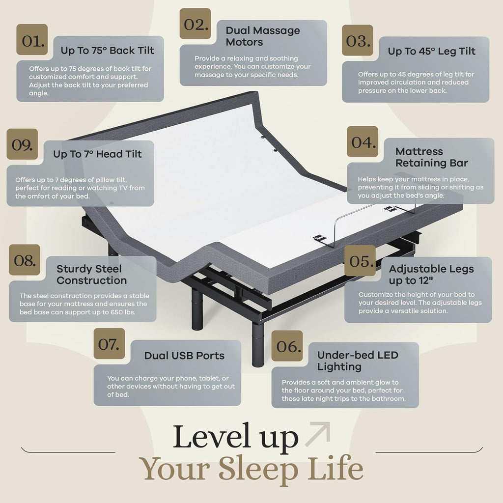 Harmony Adjustable Bed Base, Head and Foot Lift, Massage, Under-Bed Lights, USB, Memory, Zero Gravity Smart Frame - Full